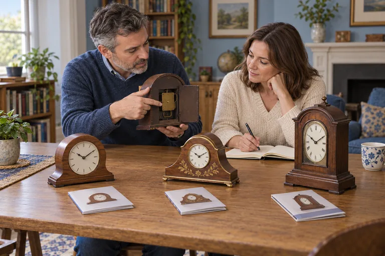 Illustration of two adults comparing generic mantel-clock cases and rear access with instruction booklets