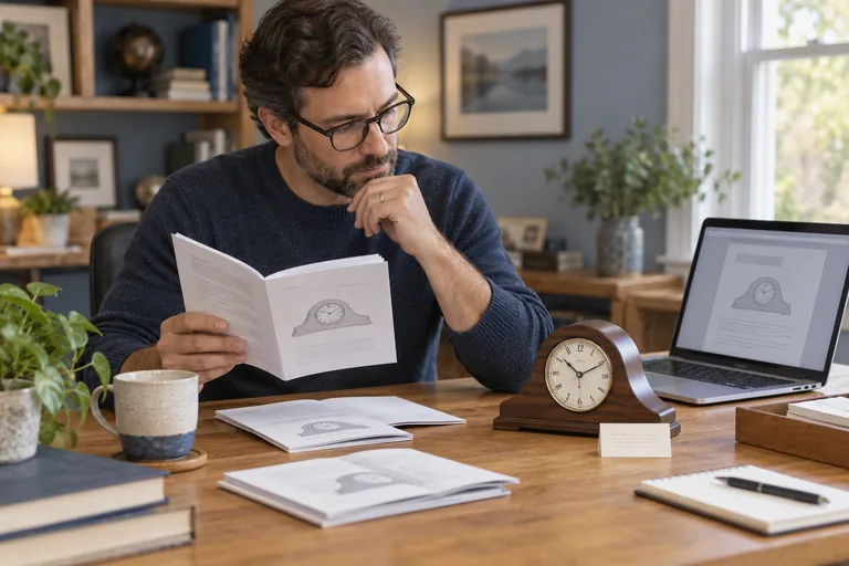Illustration of an editor reading clock instructions beside a generic mantel clock, laptop and paper notes