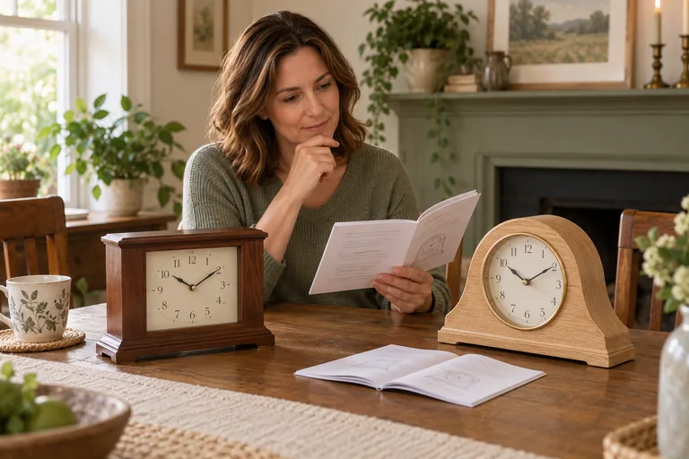 Illustration of an adult comparing two different mantel clocks with separate instruction booklets