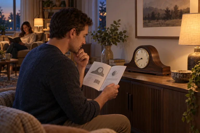 Illustration of a person reading a clock manual in a shared evening living room