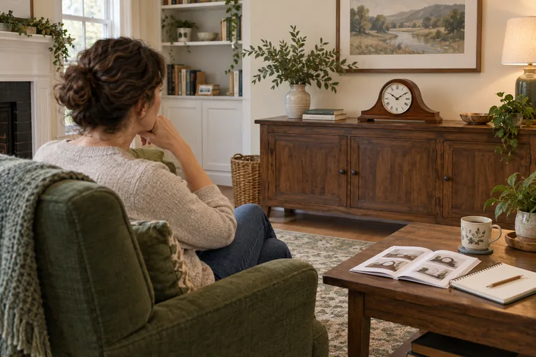 Illustration of a seated owner viewing a mantel clock from an armchair with a notebook nearby