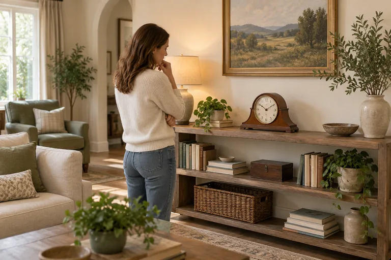 Illustration of an adult choosing a console-shelf position for a freestanding mantel clock