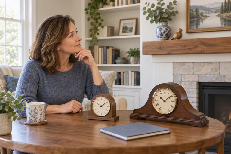 Illustration of an adult choosing between two generic mantel-clock cases beside a booklet