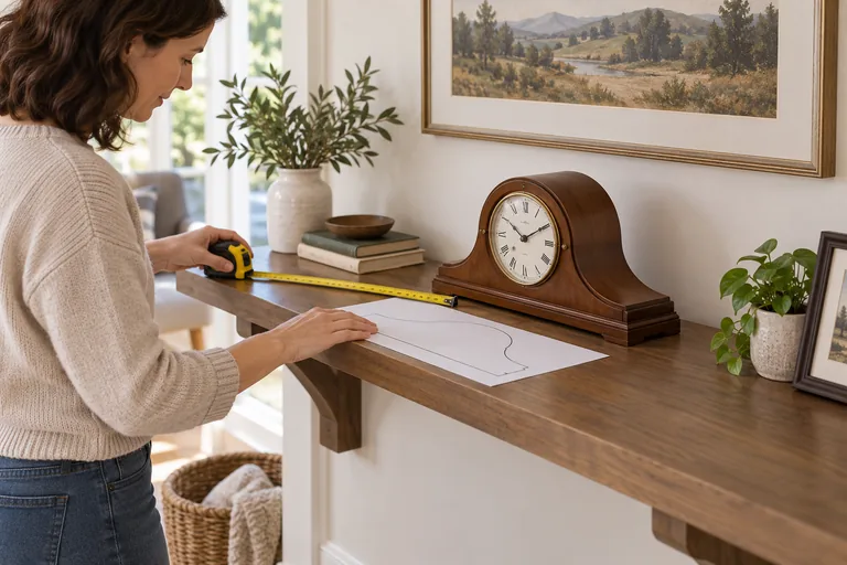 Illustration of a person measuring a console shelf beside a freestanding mantel clock