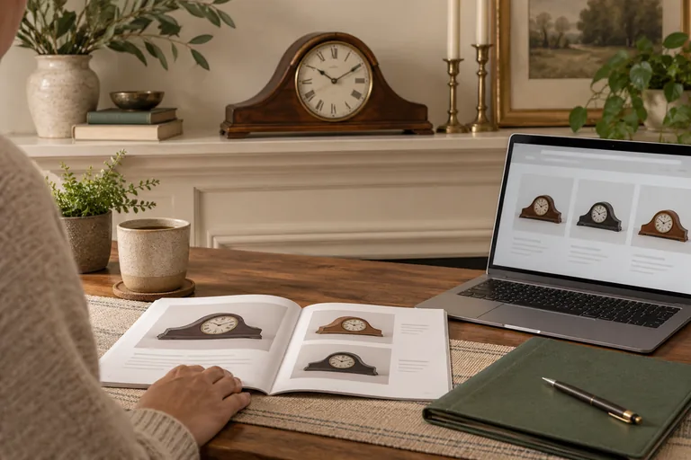 Illustration of a mantel clock beside a laptop, an instruction booklet and paper records
