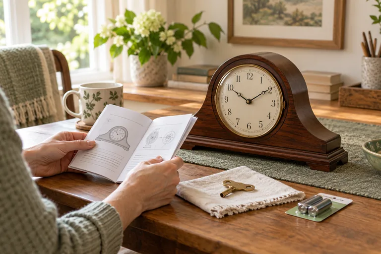 Illustration of a person reading a clock booklet beside an unopened battery package and a winding key