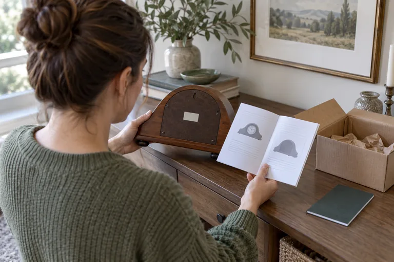 Illustration of an owner checking a mantel clock's rear label beside its instructions and shipping carton