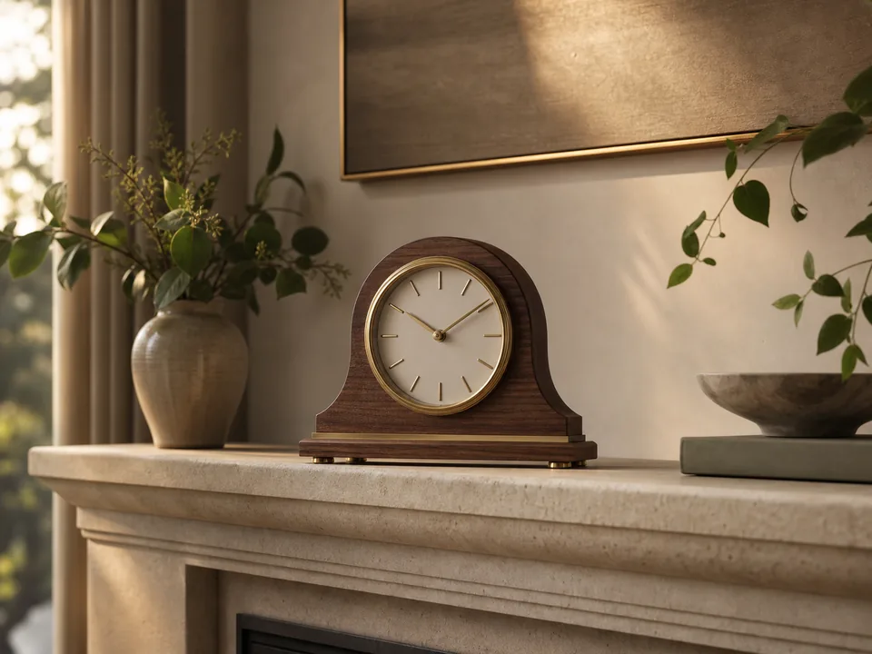 Modern-classic mantel clock on a stone fireplace shelf
